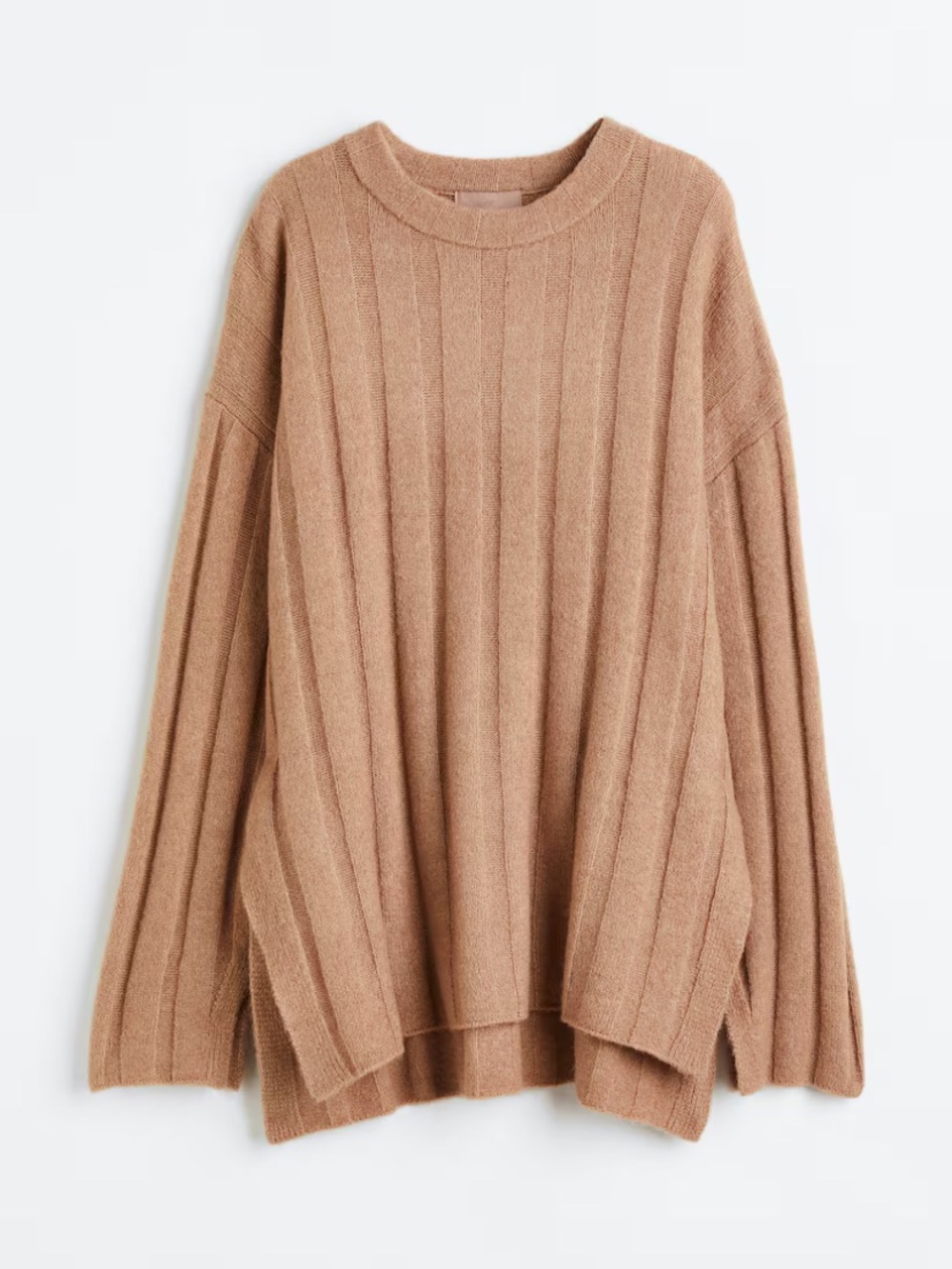 H&M OVERSIZED RIB-KNIT JUMPER Wool Blend Beige Tan Crewneck Neutral Size Small S